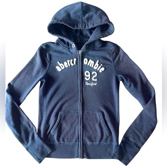 Y2K Abercrombie Kids Navy Blue 92 New York Hoodie Zip Up Sweatshirt XL Vintage - Picture 1 of 11